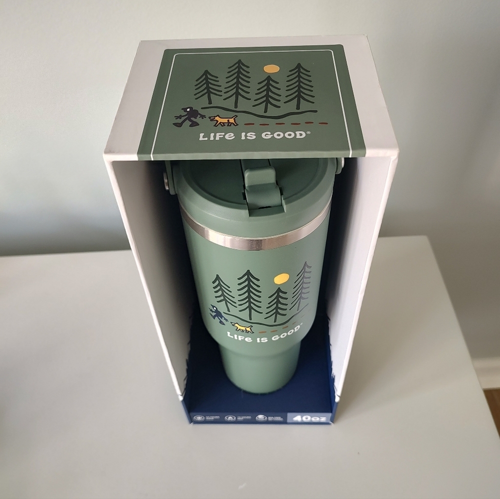 Life Is Good 40oz Stainless Steel Tumbler Hiker With Dog Green NWT - Picture 3 of 6